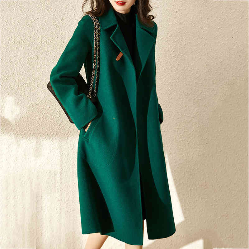 

women's wool & blends elegant female retro wool jacket with belt warm winter outwear plus korean size mixtures green cfqa, Black