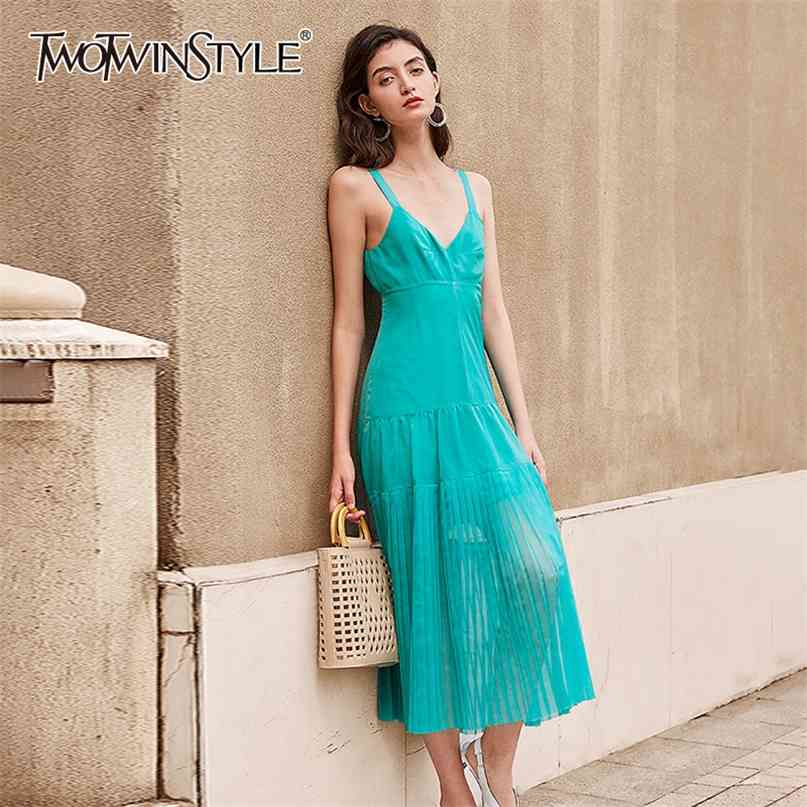 

Patchwork Ruched Elegant Dress For Women V Neck Sleeveless High Waist Sling Maxi Dresses Female Summer 210520, As picture