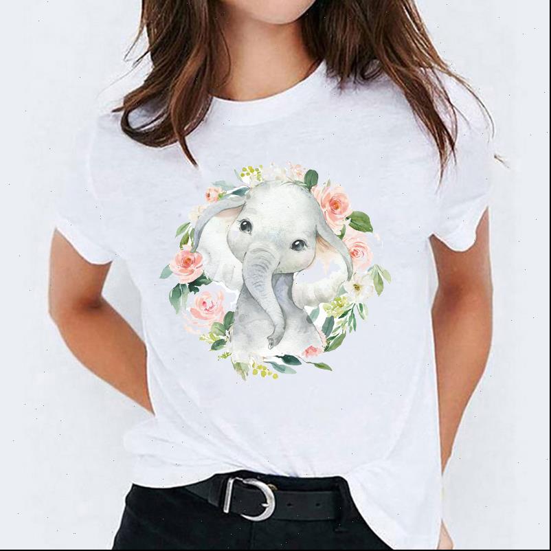 

cartoon elephant flower fashion women t shirt printing print graphic tee, White