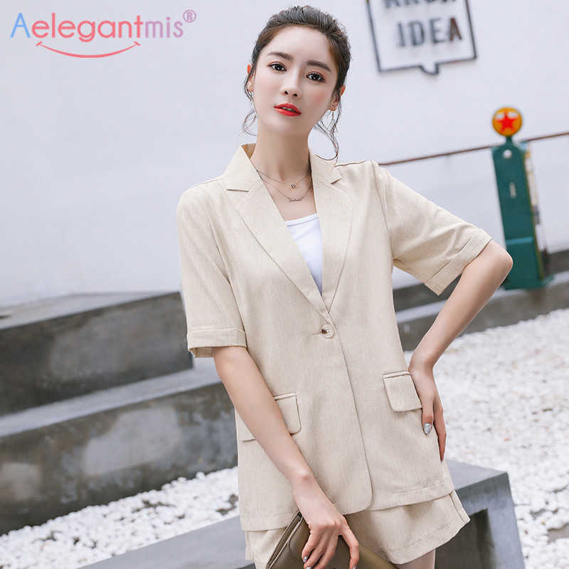 

Aelegantmis Summer Short Sleeve Women Casual Blazer and  Suit Office Lady 2 Pieces Set Ladies Chic Suits 210607, Beige