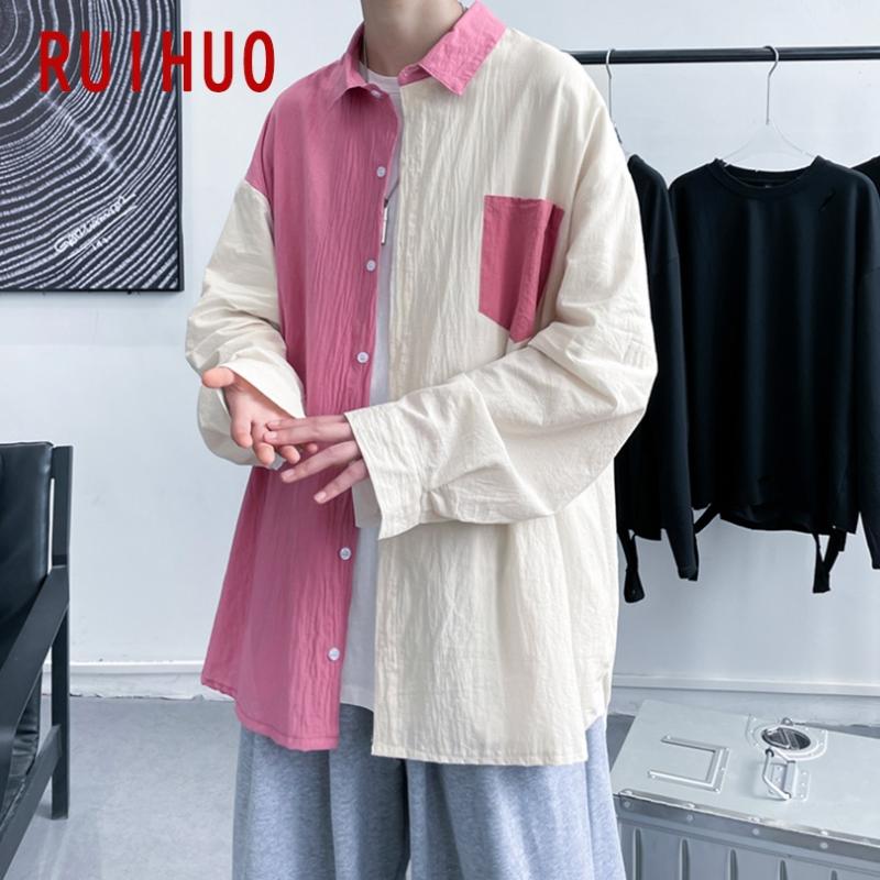 

Men's Casual Shirts RUIHUO Patchwork For Men Clothing Mandarin Collar Mens Slim Fit M-3XL 2021 Arrivals, Green white