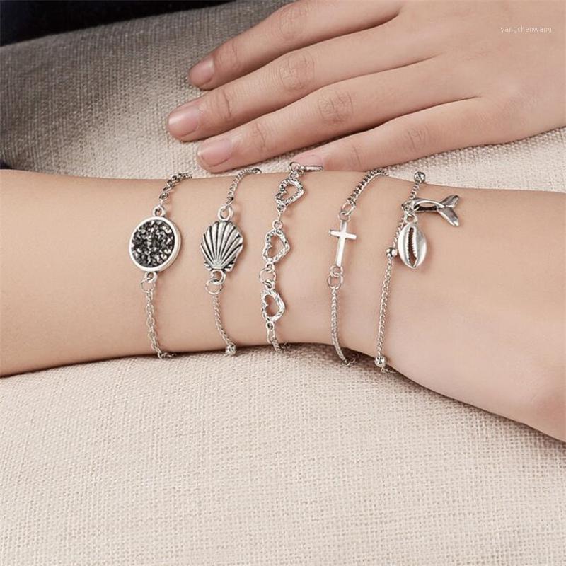 

5Pcs/set Selling Beach Fashion Shell Bracelet Set For Women Cross Hollow Heart Conch Fishtail Charm Jewelry Bangle