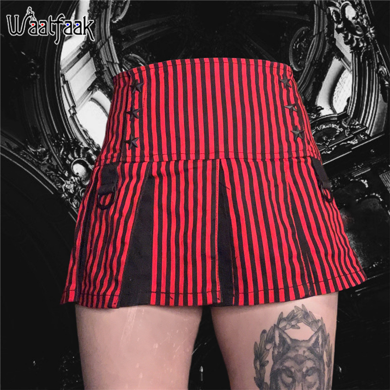 

Waatfaak Red Striped Print Embroidery Star Pleated Skirt Dark Academia Dance Mini Skirt Goth Y2K Aesthetic Buckle Patchwork 2021