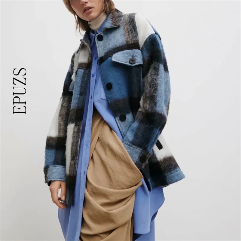 

ZA women vintage oversize plaid jacket winter coat casual thick outwear female korean bomber 210521, Blue