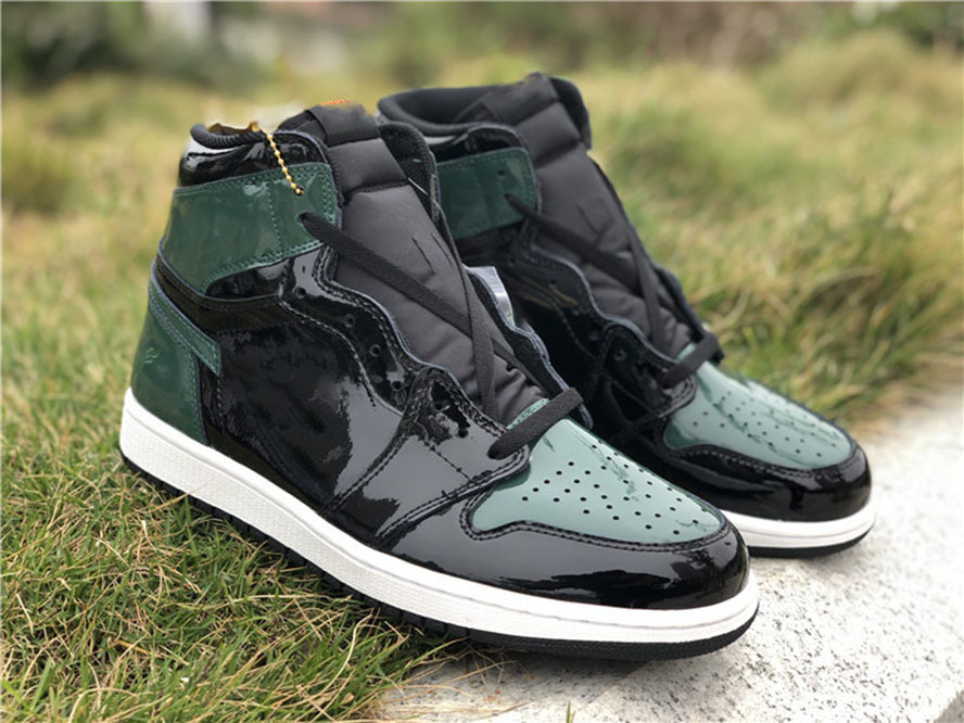 

Genuine Jumpman 1 High Top Men's Basketball Shoes Green Patent Leather Men's Sports Shoelaces Shoebox Full Size 40--46, #1