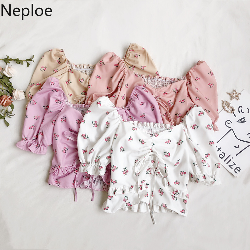 Neploe Crop Tops Summer Sweet Ruffles Blouses Women Square Collar Lace Up Floral Shirt Puff Sleeve Pleated Blusas Mujer 210422