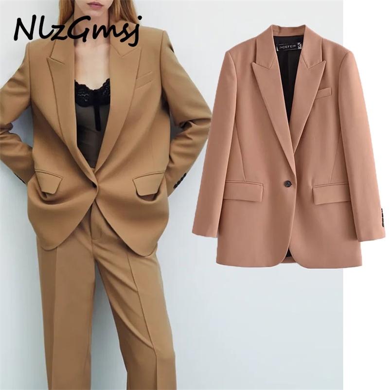 

Blazer Women Elegant One Button Coat Vintage Notched Collar Pocket Fashion Female Chic Tops 03 210628, As picture