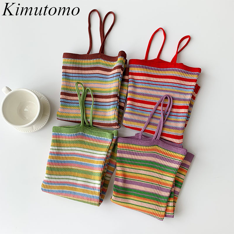 

Kimutomo Color Contrast Striped Camis Summer Korean Fashion Clothing Female All Matching Slimming Trend Top Casual 210521, Green stripe