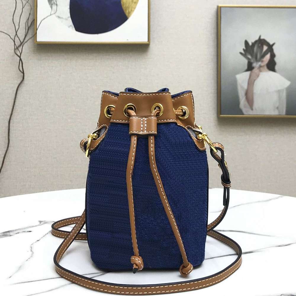 

7A+ Ladies mini pochette accessoires drawstring colorful fi letter embossing printing denim canvas leather bucket bag Fashion Shoulder ba, Box