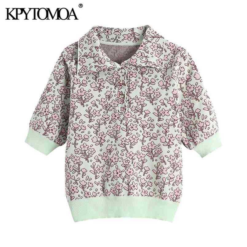 

Women Fashion With Buttons Jacquard Knitted Sweater Lapel Collar Short Sleeve Female Pullovers Chic Tops 210420, As picture