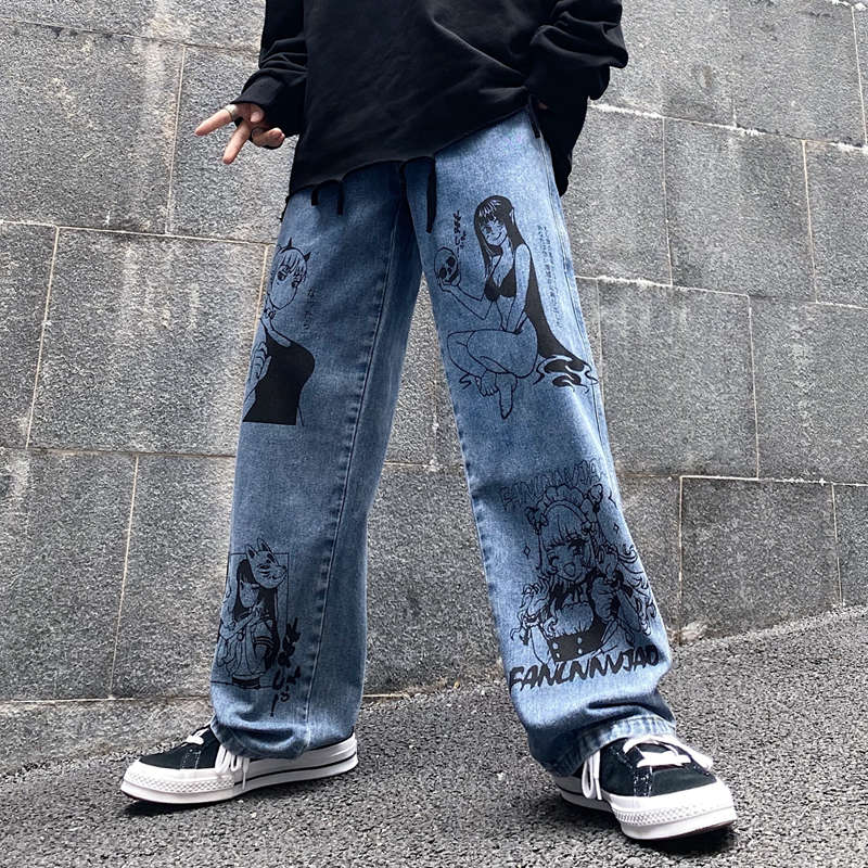

Vintage Washed Women Streetwear Harajuku Cartoon Anime Print Fashion Man Jeans Loose Wide Leg Pants Cotton, Black;white
