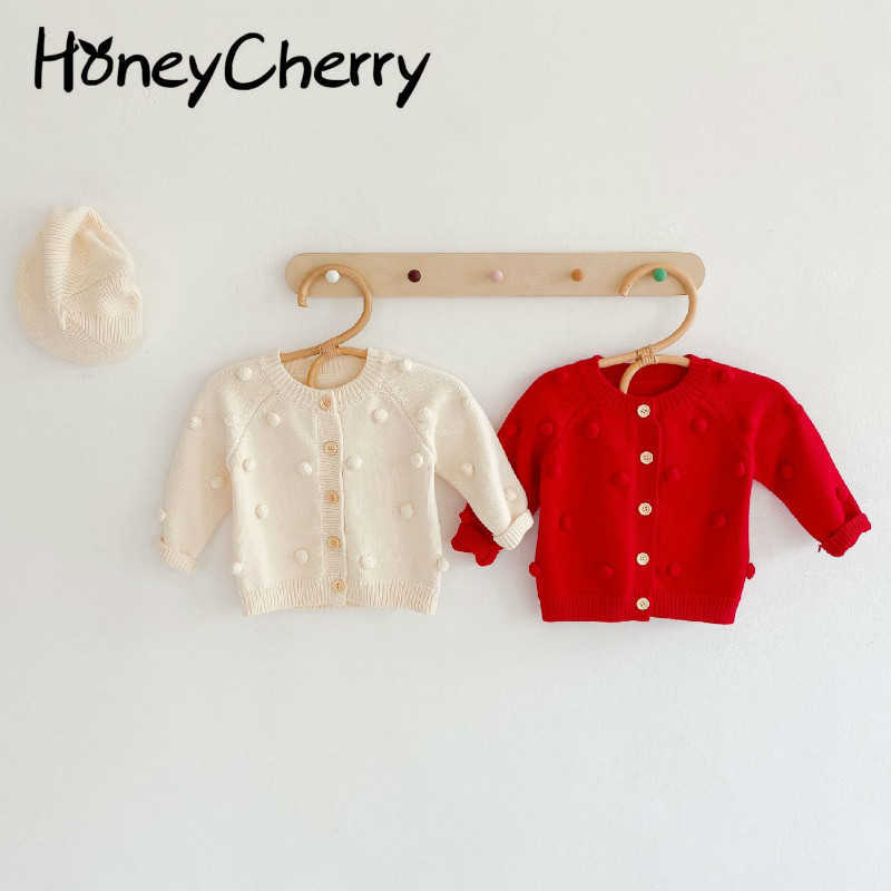 

Spring and autumn all-match children's handmade ball knitted jacket cotton long-sleeved sweater toddler girl sweater 210701, Beige