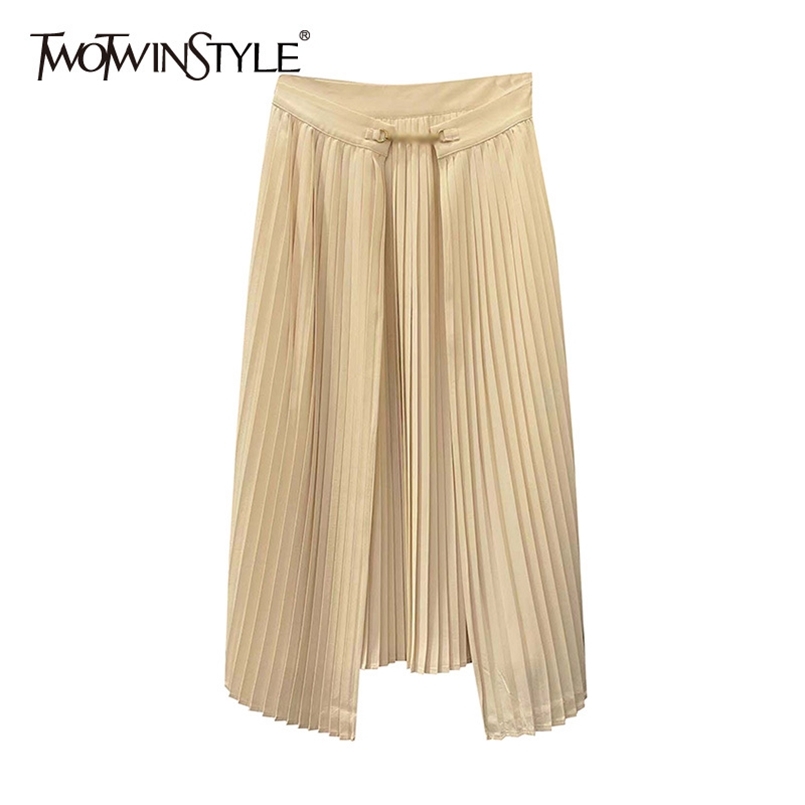 

Elegant Solid Skirt For Women High Waist Irregular A Line Pleated Midi Skirts Female Summer Fashion 210521, Apricot