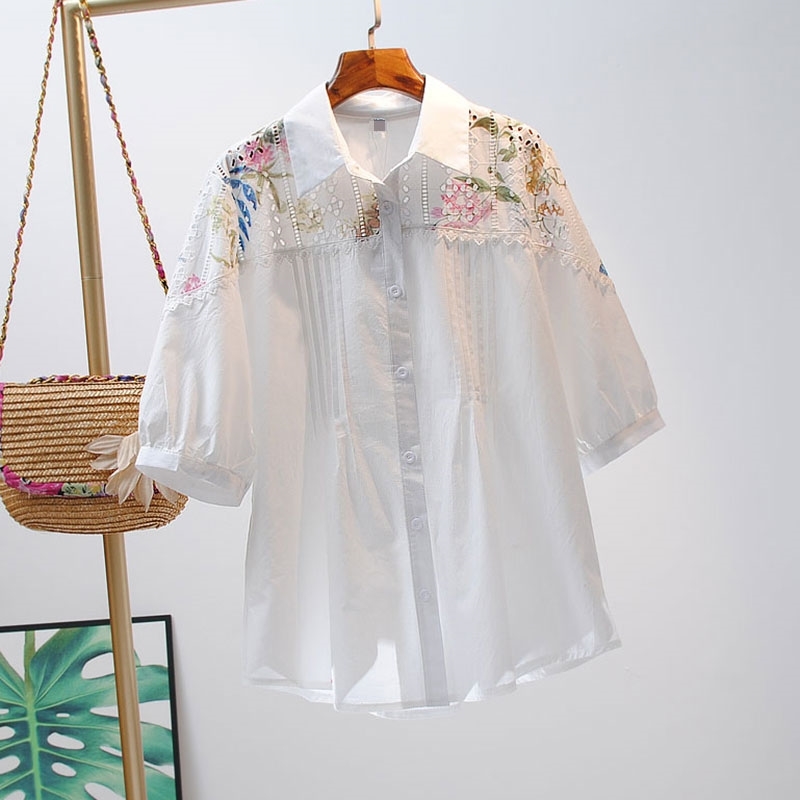 

VANOVICH Summer Cotton Shirts Women Hollow Wild Casaul Ladies Pluz Size Half Sleeve Clothing 210615, White