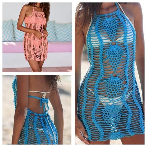 

Sarongs 2021 Crochet Fishnet Beach Dress Sexy Women Hollow Out Bikini Swimsuit Cover Up Robe De Plage Bathing Suit Ups, Blue;gray