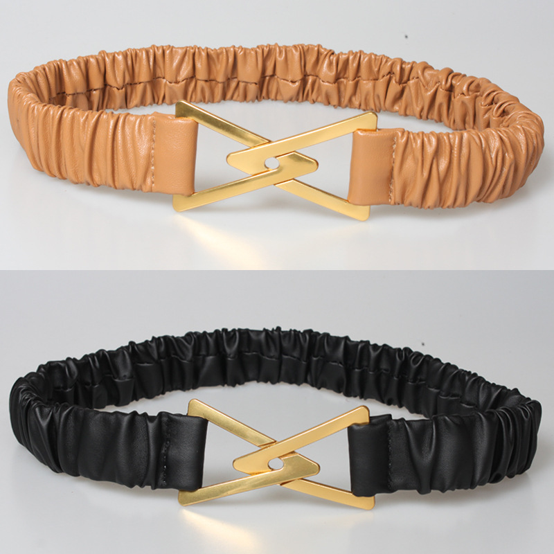

Fashion women's Elasticity belts metal triangle buckle, arrow hook elastic pleated belt with skirt, Black