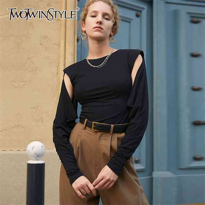 

TWOWINSYLE Black Casual Hollow Out Shirt For Women O Neck Long Sleeve Straight Shirts Female Spring Fashion Style 210524