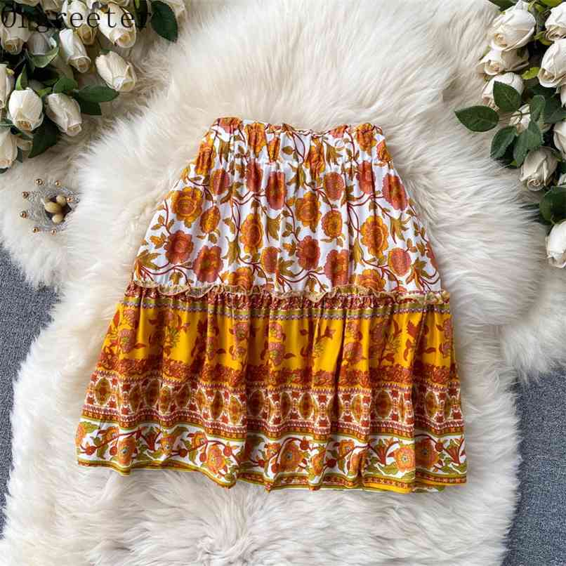 

Summer Fashion Korean Floral Print Stretch Waist High waist Slim Women' Skirt Casual Holiday Beach Skirts 210602, Picture color