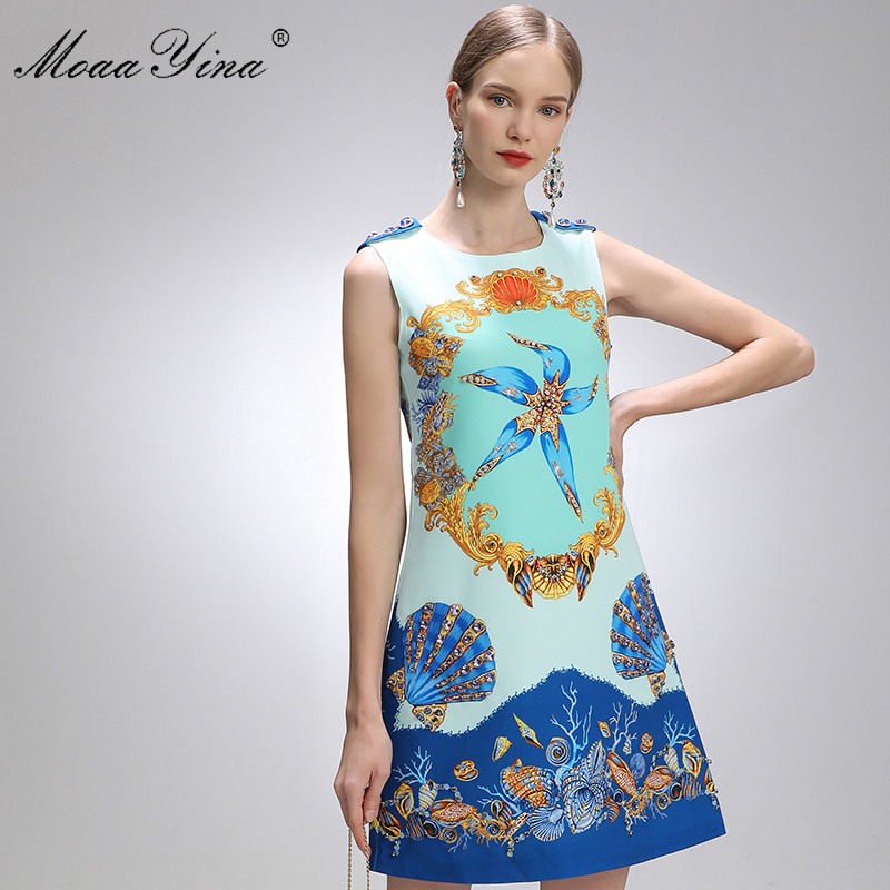 

Fashion Designer Dress Summer Women's dress Sleeveless Beaded Conch Shell Print Short Dresses 210524, Multi