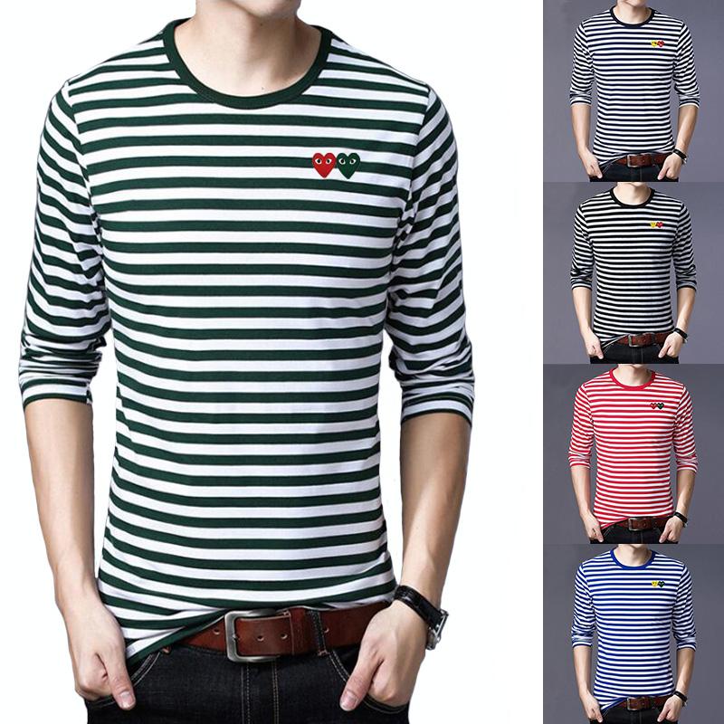 Men's T-Shirts Have Eyes Men T-shirt Summer Stripes Cartoon Double Heart Embroidery Cotton Stretch Long-sleeved Round Neck Casual Slim