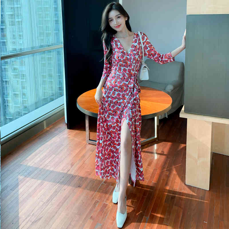

Sexy Slim V-neck High Split Korea Women Bohemian Beach Maxi Wrap Dresses Print Ankle-length Elegant Ladies Holiday Dress Clothes, Black;gray