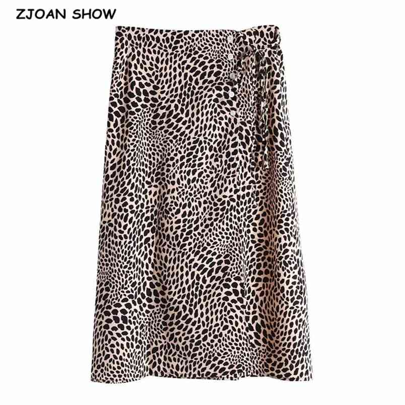 

Retro French Side Buttons Single-breasted Leopard Print Skirt Vintage Women Bow Lacing Up High Waist Mid-Calf Slit Hem Skirts 210429, Red