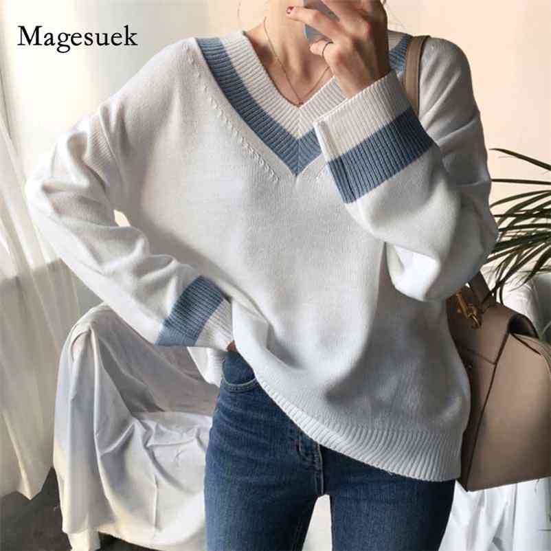 

Autumn Winter Women's Sweaters Chic Korean Pullover Basic Casual Female Jumpers All-match White V-neck Sweater 10929 210518