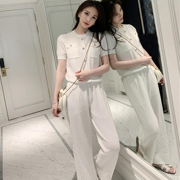

Women's Two Piece Pants Spring And Summer 2021 Black White Small Sweet Wind Gold Buckle Short Sleeve Blouse Trouser Suit