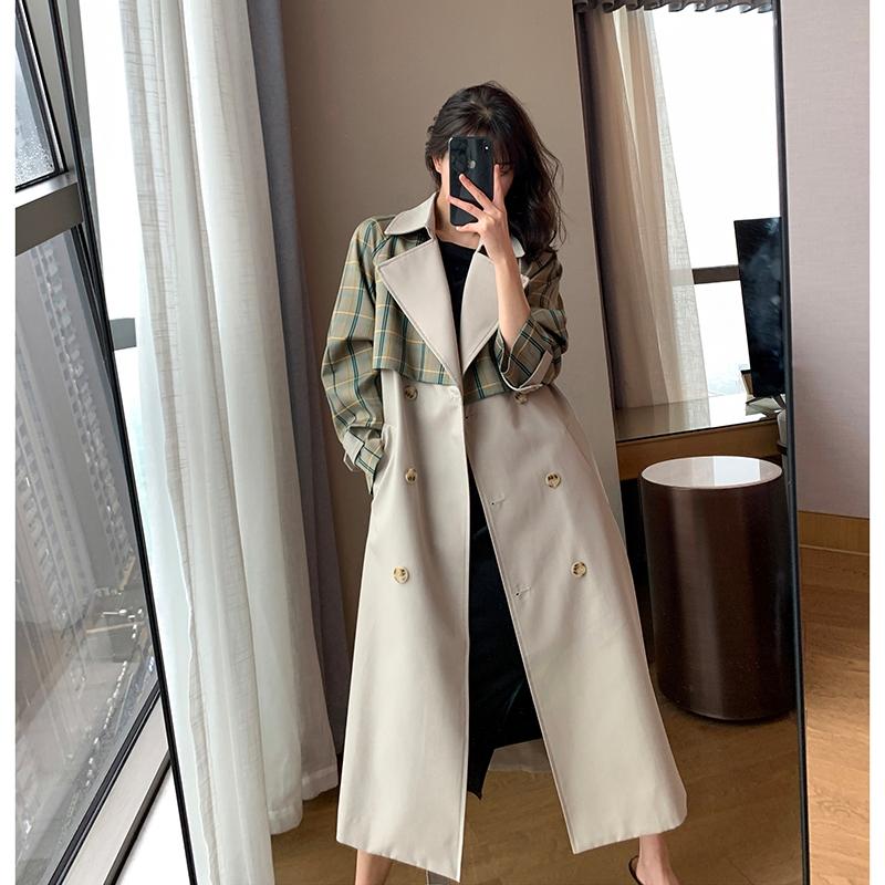 

Women' Trench Coats Women Windbreaker 2021 Spring Autumn Lapel Plaid Stitching Long Double-breasted Straight Fashion High-quality Lined Coa, Photo color