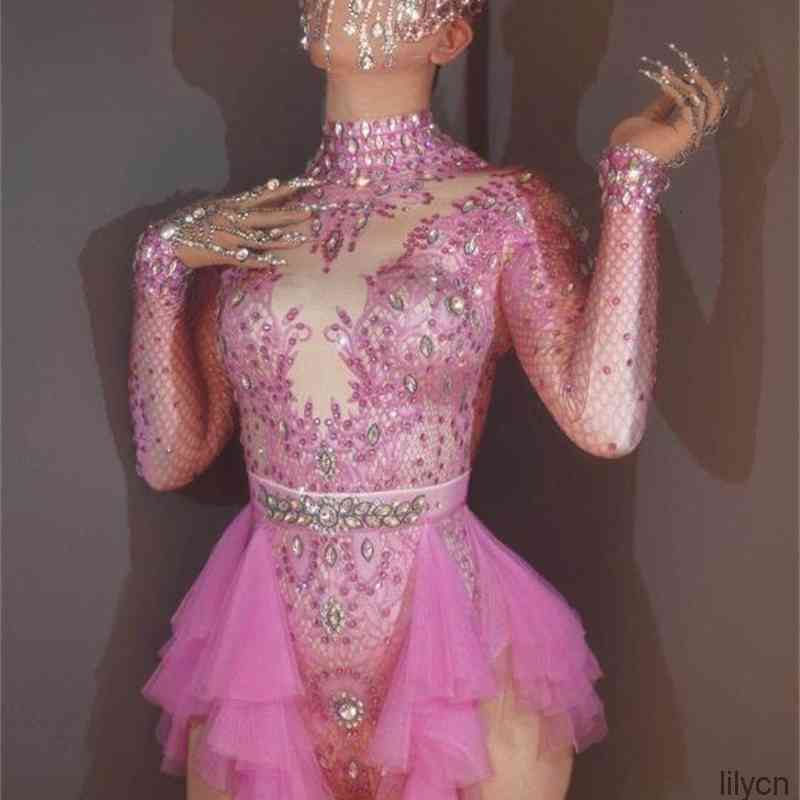 

Sparkly jumpsuit, Rhinestones Pink Lace Bodysuit Women Long Sleeve Birthday Party Outfit Dance Costume Sexy Show Performance Stage Wear, Black;white