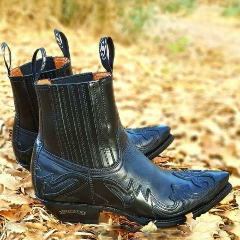 

Boots Fashionable Men Autumn And Winter PU Leather Ankle Western Cowboy Thick Heel Pointed Head Classic KP371, Black