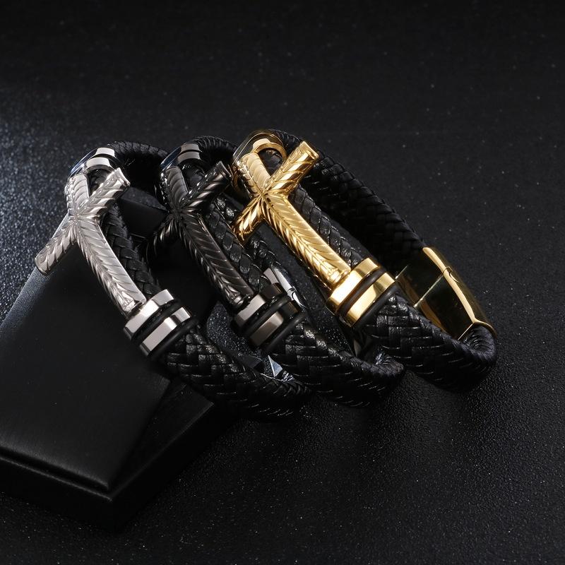 

Charm Bracelets Classic Black Leather Braided Cross For Men's Casual Party Jewelry Gift Simple Bracelet, Golden;silver