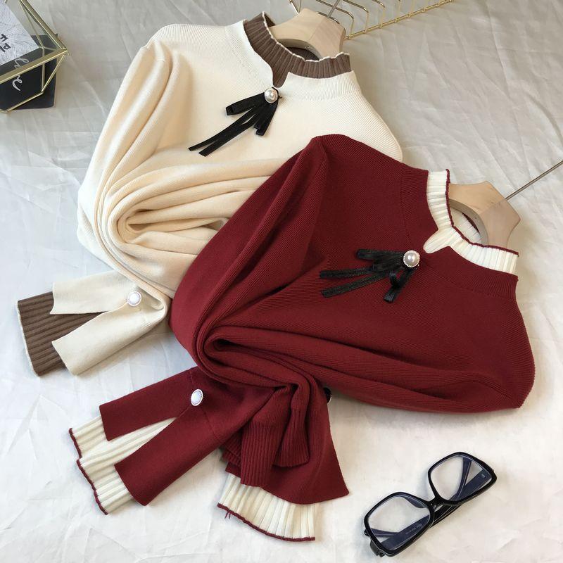 

Stand Collar Bow Sweater Autumn Women Patchwork Long Sleeve Pull Femme Pullover Women's Sweaters, White;black