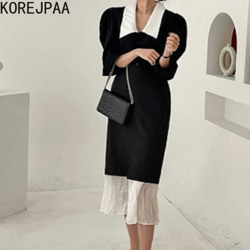 

Korejpaa Women Dress Sets Korean Chic Elegant Flip-frills Bubble-sleeved Shirt and High-waisted Pleated Stitched Open Skirt 210526, Top