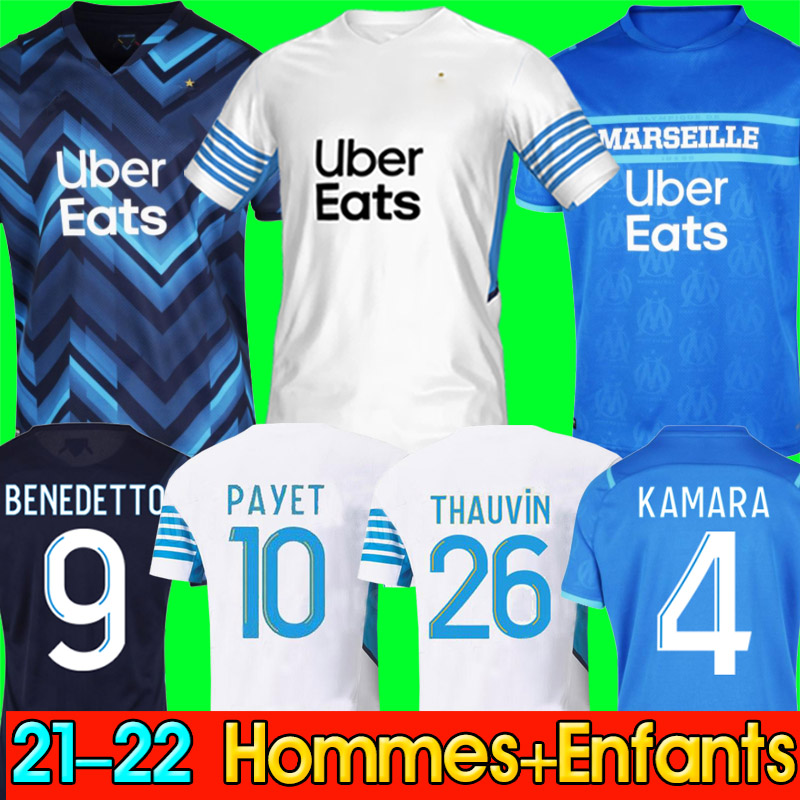 

Marseille soccer jersey Olympique De 21 22 OM 2021 2022 maillot foot CUISANCE THAUVIN BENEDETTO KAMARA PAYET THAUVIN football shirts men + kids kit shorts, 21 22 home men