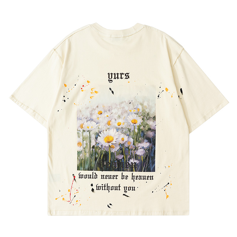 

Spring Summer Germany Daisy Oil Painting Splash Ink Hand Painted Tee Oversize Skateboard Mens t shirt Women Street Casual Tshirt, Beige apricot tee