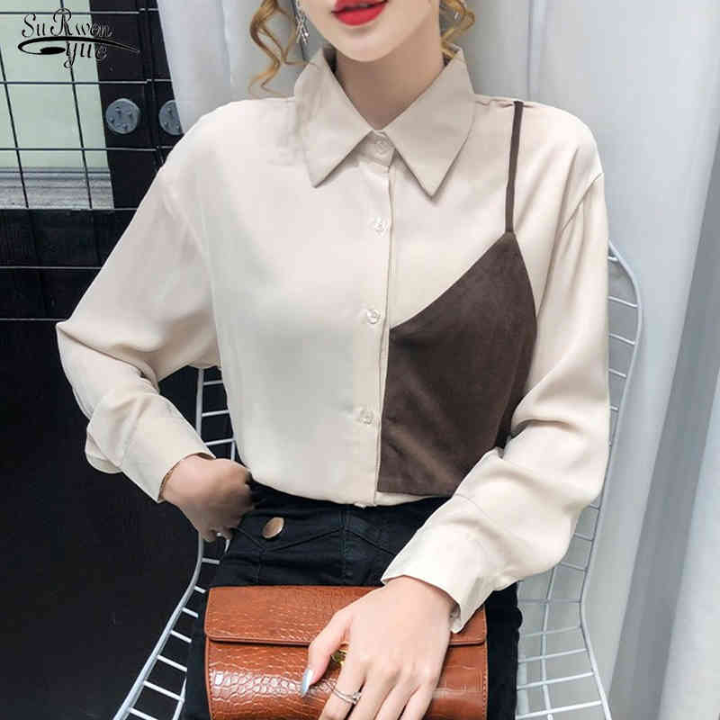 Arrivée Cardigan bouton Loose Femmes Shirts Blouses Automne Blanc Dames Dames Blouse Coux Long Stitching Longs Ladies Tops 12059 210508