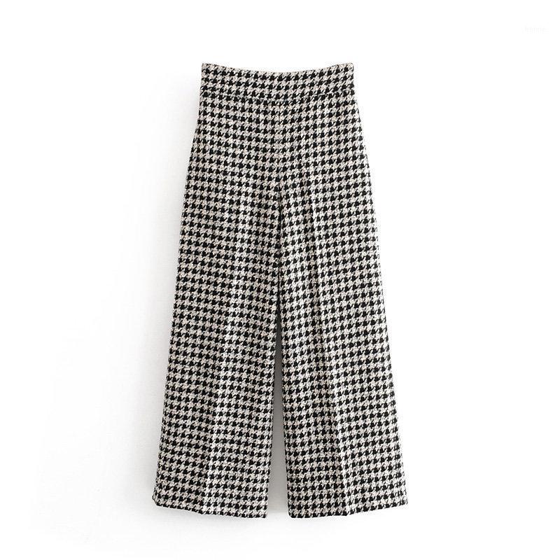 

Women's Pants & Capris Plaid Printed Tweed Women Loose Wide Leg Trousers Elegant Ladies Houndstooth Office Bottoms Female Pockets Tartan Pat, Black;white
