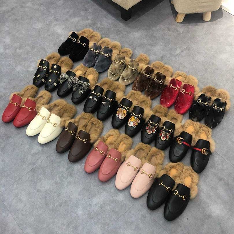 

New Men Designer Genuine Leather Loafers Furs Luxury Slipper Buckle Fashion Women Princetown Casual Fur Mules Flats With Box xwl, 11