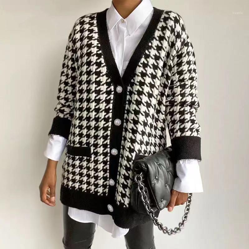 

Women' Knits & Tees 2021 Long Sleeve Sweater V Neck Women Button Black Houndstooth Cardigan Autumn Winter Knitted Loose Oversized Jumper Ca