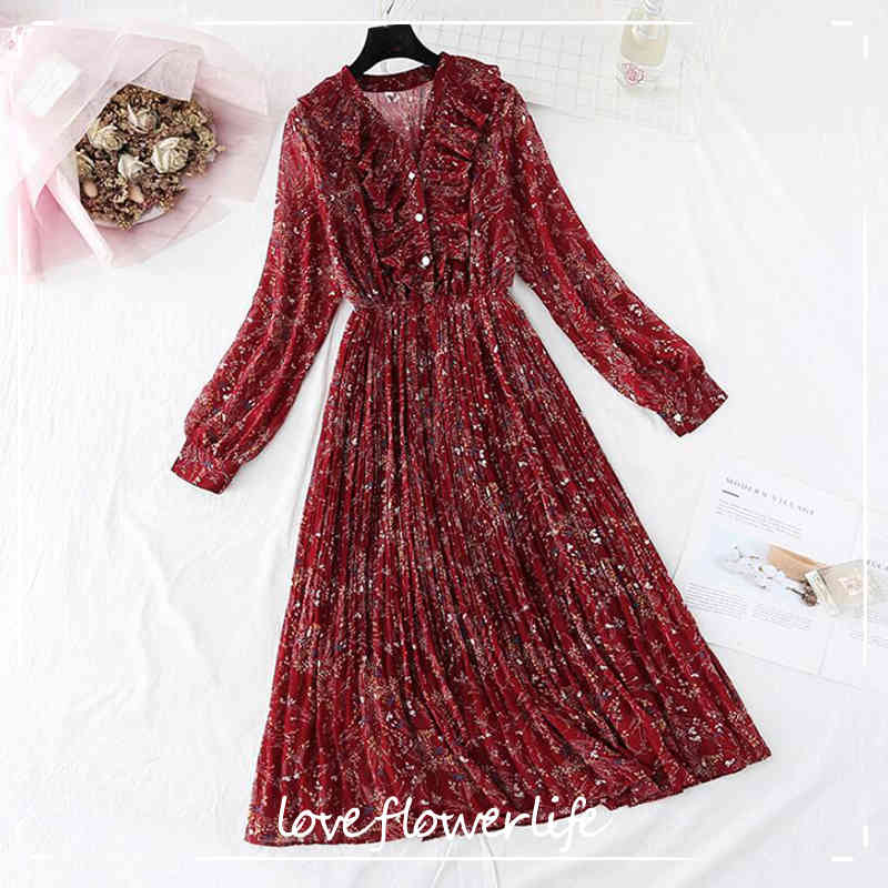 

Korean Summer Chiffon Women Dress Elegant V-neck Ladies Vintage Pleated Long Dress Floral Print Office Long Sleeve Vestidos 210521, Flowers 6