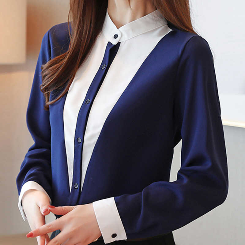 

Long Sleeve Stand Collar Office Blouse Shirt Women Blusas Mujer De Moda Chiffon Blusa D642 210602, As picture