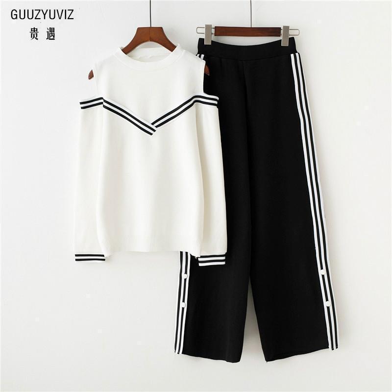 

Two Piece Dress GUUZYUVIZ 2 Outfits For Women Long Sleeve Strapless Pullover Knitted Sweater Tops And Casual Loose Stripe Wide Leg Pants1, Blue