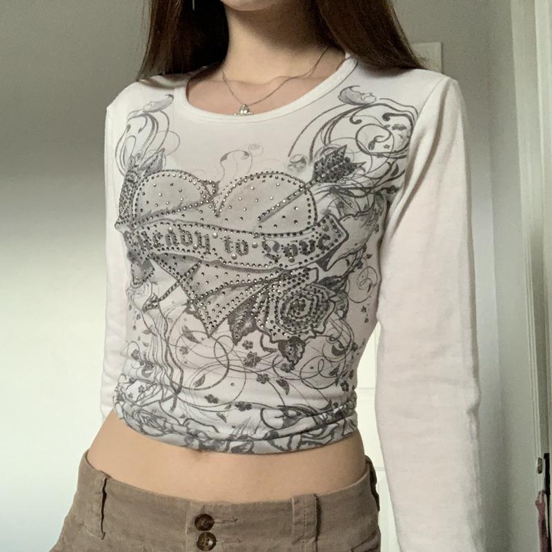 

Women' T-Shirt Y2k Fairy Grunge Diamonds Graphic Print Crop Top Autumn Long Sleeve Slim Fit Pullovers Tees Women Vintage White Clothes