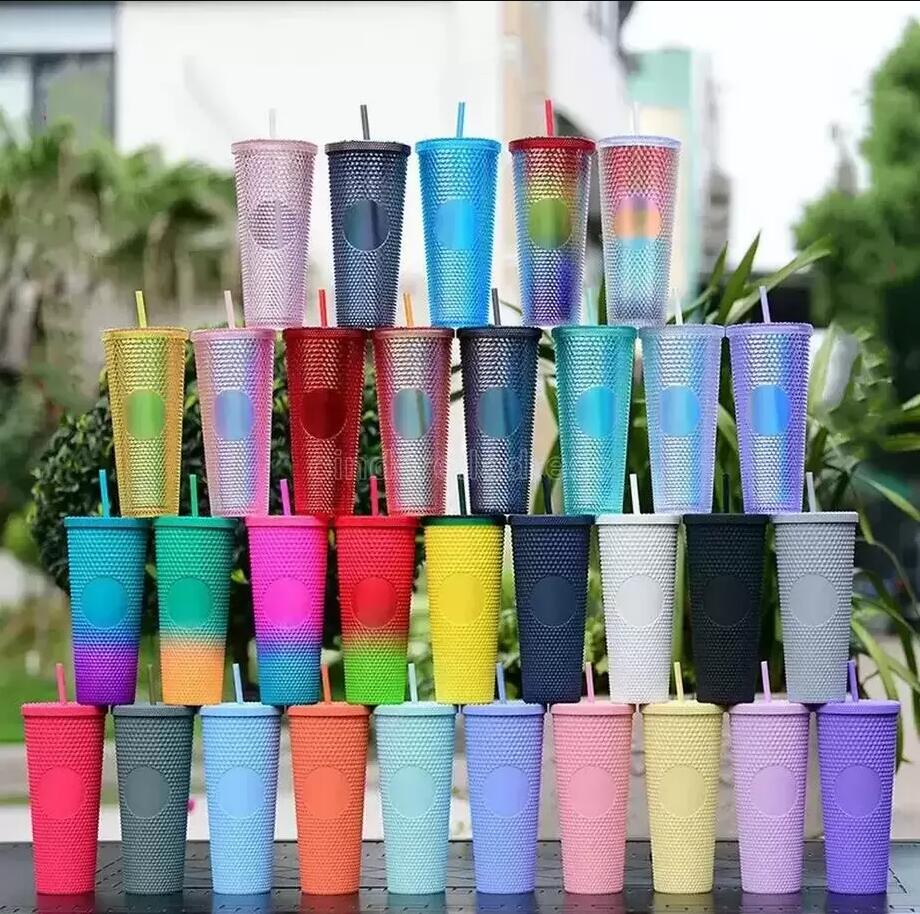 

24 oz Durian Personalized Starbucks Tumblers Cups 33 Colors Iridescent Bling Rainbow Unicorn Studded Cold Cup Tumbler coffee mug with straw, Multi-color