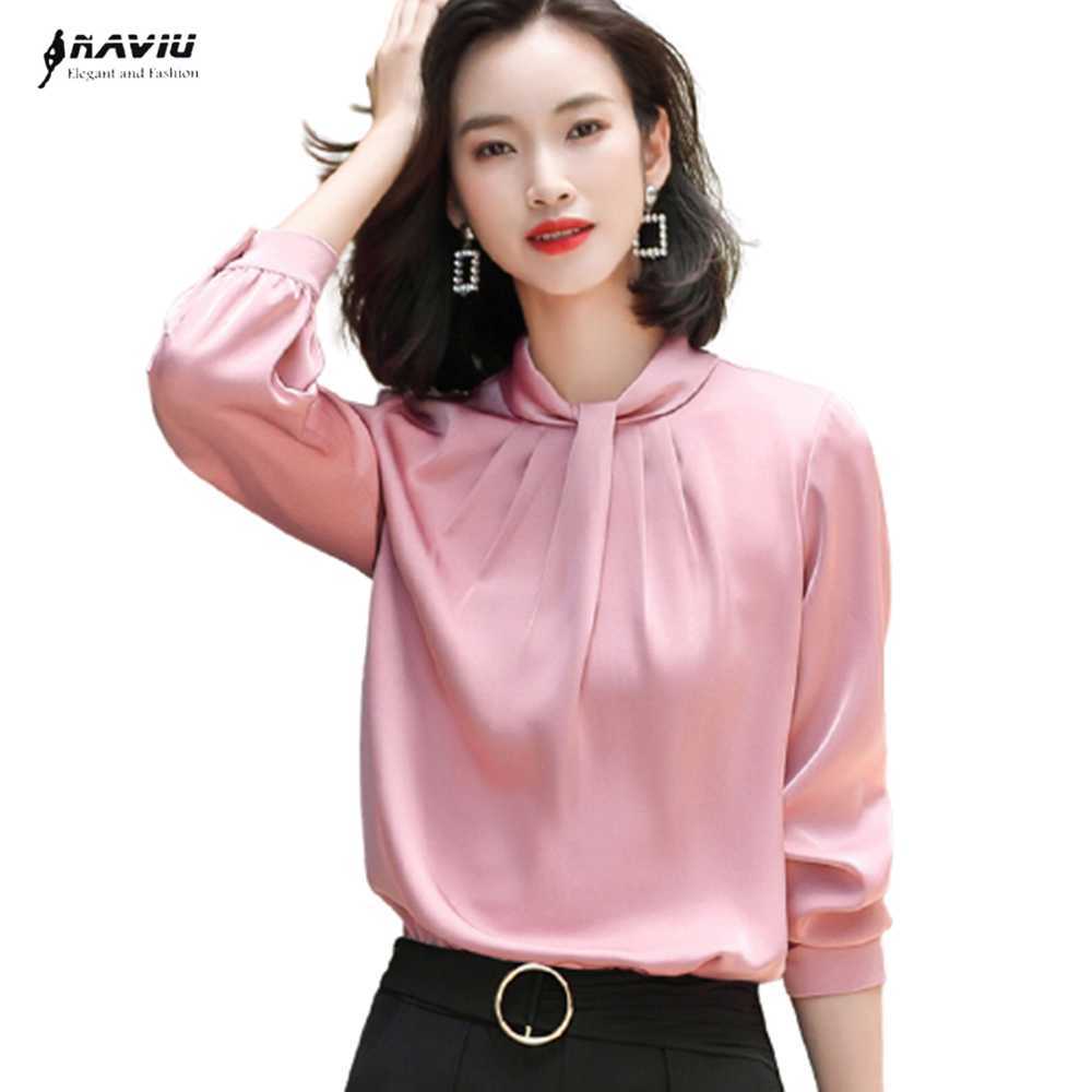 

Naviu High-End Chiffon Shirt Women Temperament Stand Collar Long Sleeve Loose Satin Blouses Office Ladies Formal Work Tops 210604, Blue