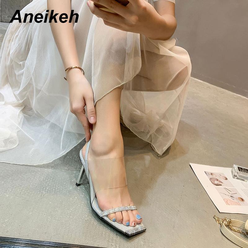 

Sandals Aneikeh Sexy Bling CRYSTAL PVC Narrow Band Women Sandal Thin High Heels Square Head Slip-On Ladies Shoes Size 34-42, Black