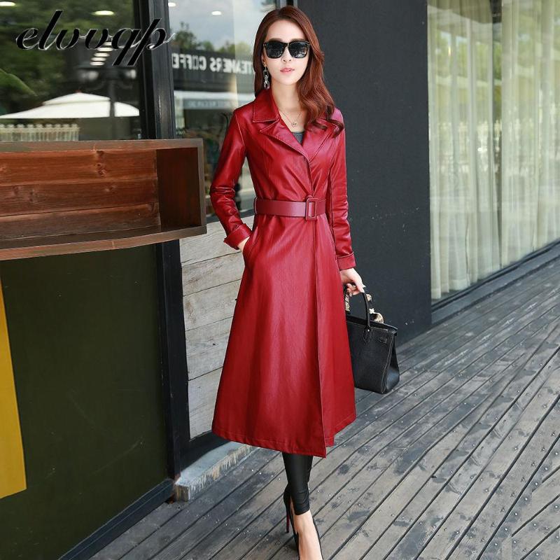 

Women's Leather & Faux High Quality 2021 Black Red Women Jacket Long Elegant Spring Coat Sleeve Waist Strap Pocket Female