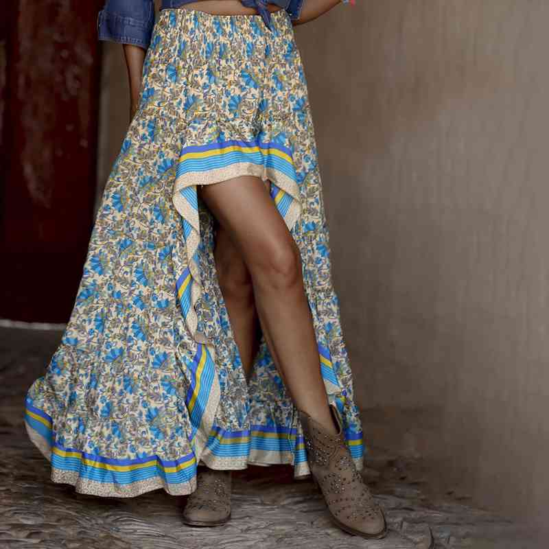 

boho floral print holiday women skirts beach irregular long plus size, Black