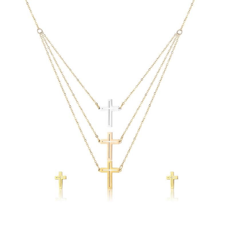 

Earrings & Necklace Trendy Luxury Stainless Steel Multilayer Cross Pendant Chain Stud Earring For Women Gold Color Fashion Jewelry Set, Silver